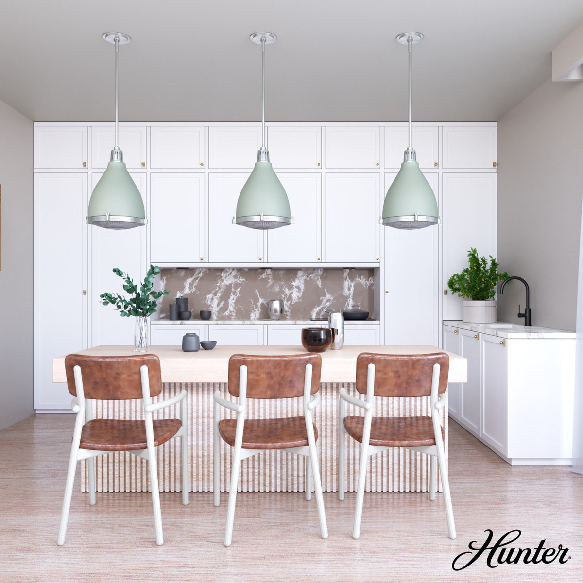 Hunter Bluff View 3-Light Soft Sage Transitional Clear Glass Dome LED Medium Hanging Pendant Light