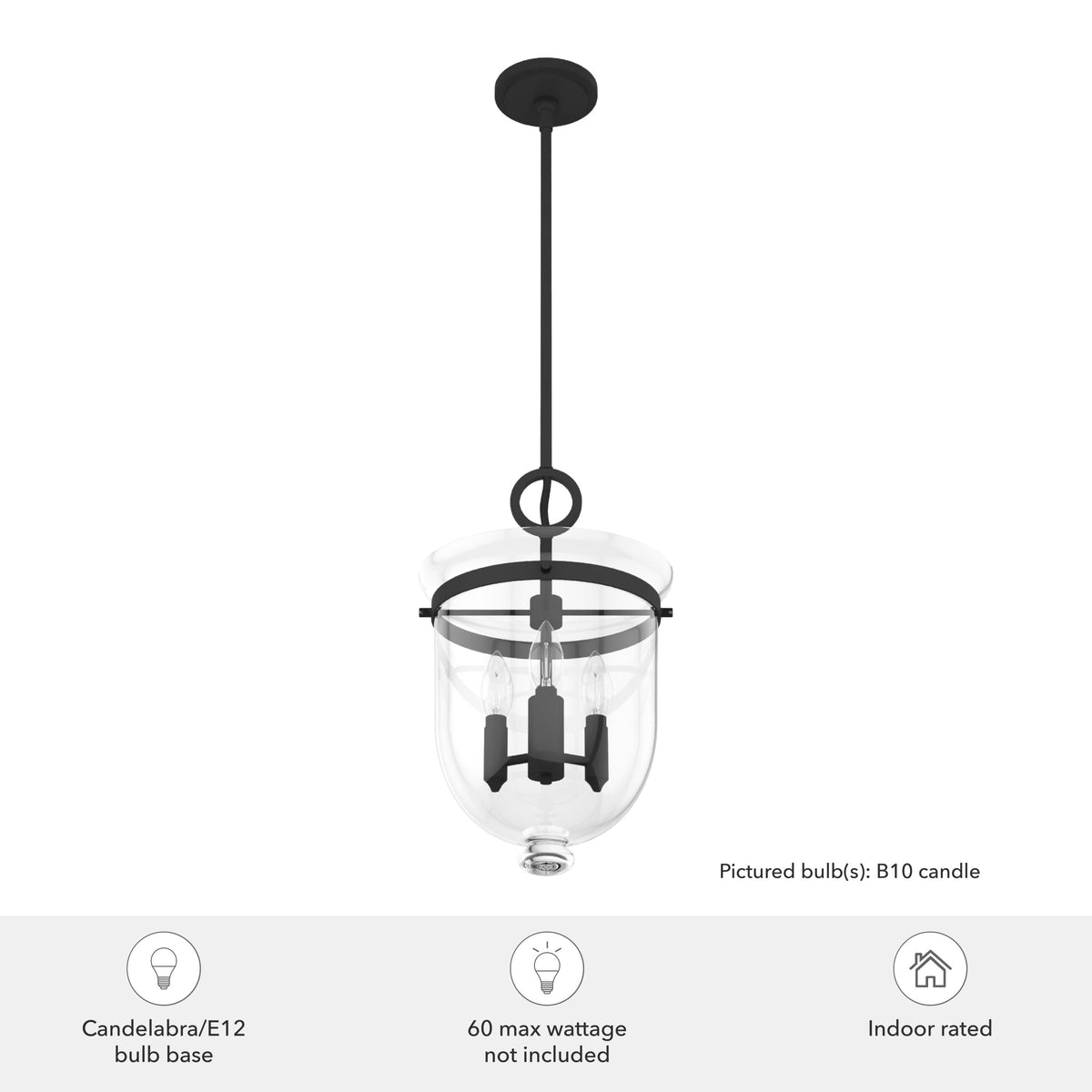 Hunter Belltown 3-Light Natural Iron Transitional Clear Glass Urn LED Medium Hanging Pendant Light