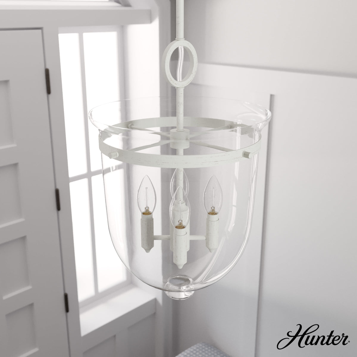 Hunter Belltown 4-Light Rustic White Transitional Clear Glass Urn LED Medium Hanging Pendant Light