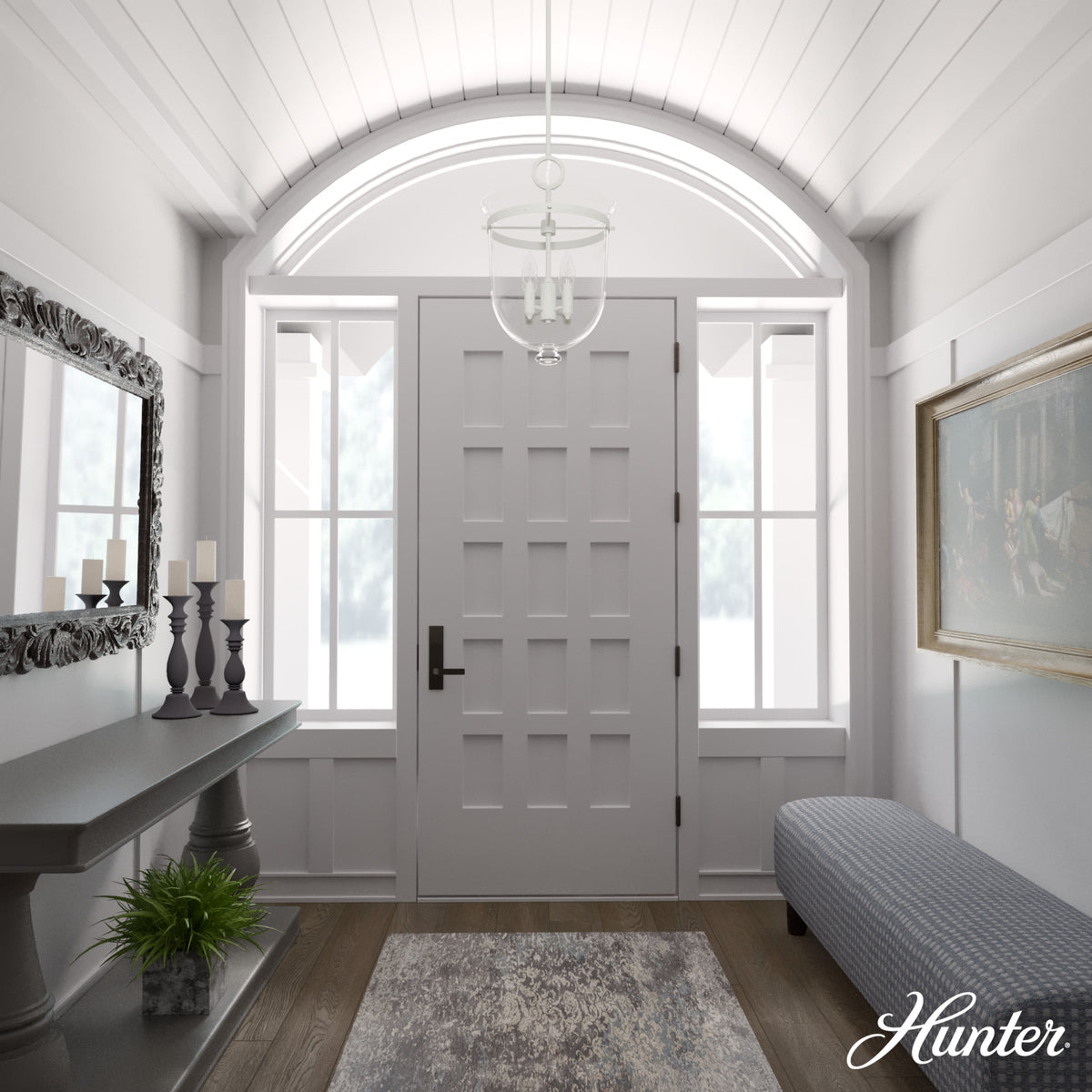 Hunter Belltown 4-Light Rustic White Transitional Clear Glass Urn LED Medium Hanging Pendant Light