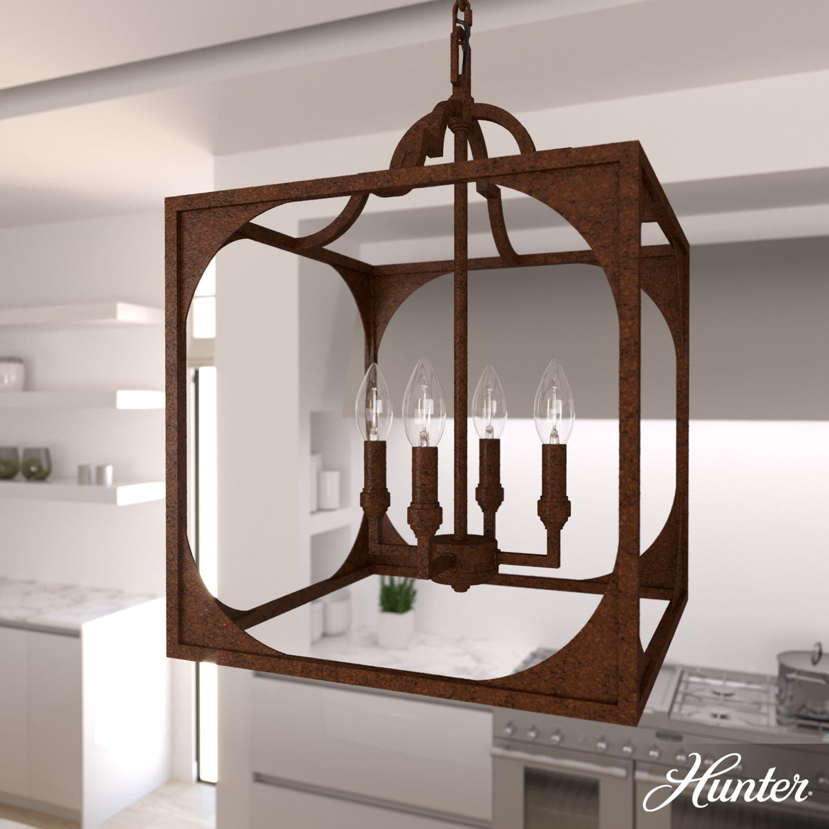 Hunter Highland Hill 4-Light Textured Rust Traditional Lantern LED Medium Hanging Pendant Light