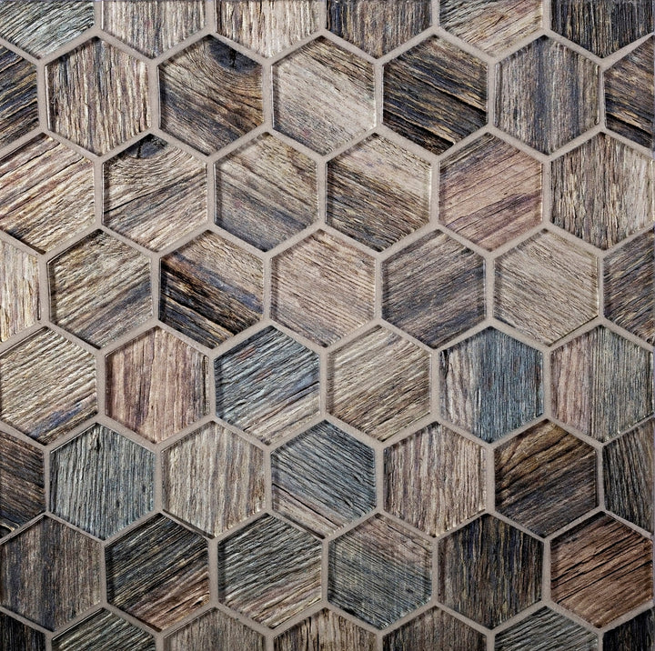 Apollo Tile (Sample) Brown, Blue 4-in x 4-in Glossy Glass Honeycomb Wood Look Wall Tile