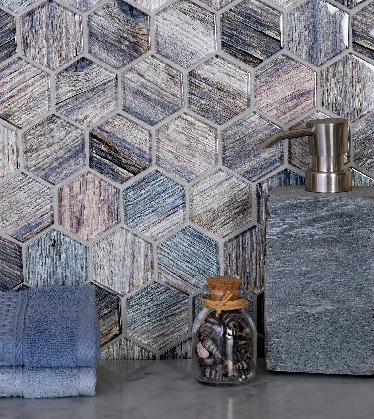 Apollo Tile Brown, Blue 12-in x 12-in Glossy Glass Honeycomb Wood Look Wall Tile (4.83-sq. ft/ Carton)