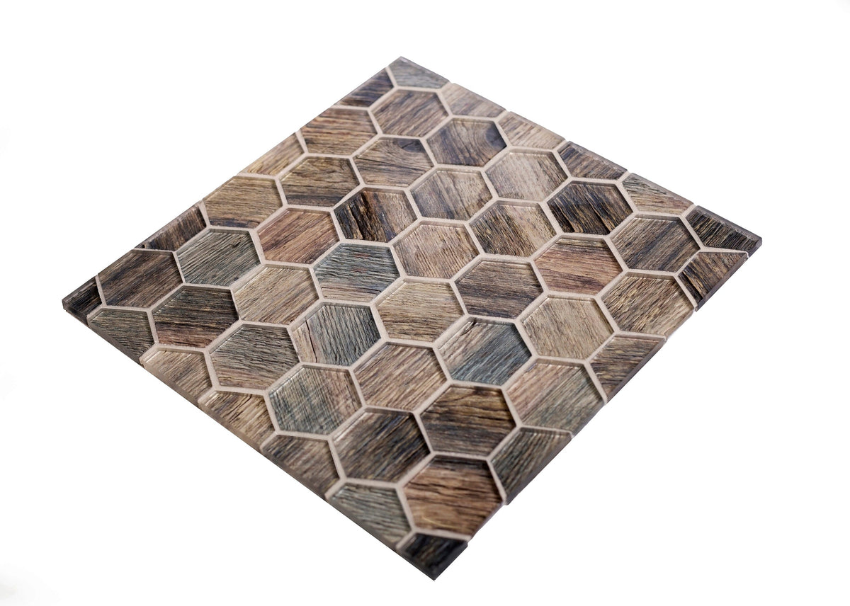 Apollo Tile Brown, Blue 12-in x 12-in Glossy Glass Honeycomb Wood Look Wall Tile (4.83-sq. ft/ Carton)