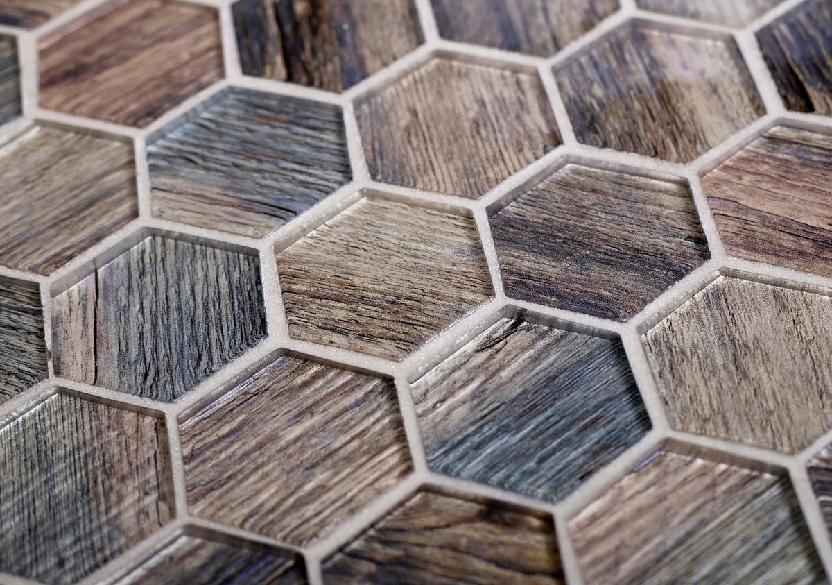 Apollo Tile Brown, Blue 12-in x 12-in Glossy Glass Honeycomb Wood Look Wall Tile (4.83-sq. ft/ Carton)