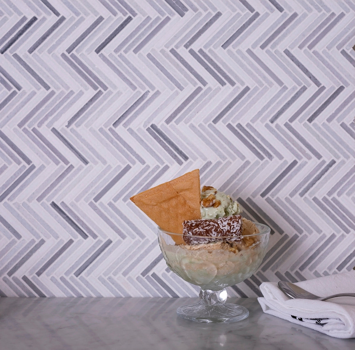 Apollo Tile (Sample) Zebra White, Gray 11-in x 11-in Polished Marble Herringbone Patterned Floor and Wall Tile