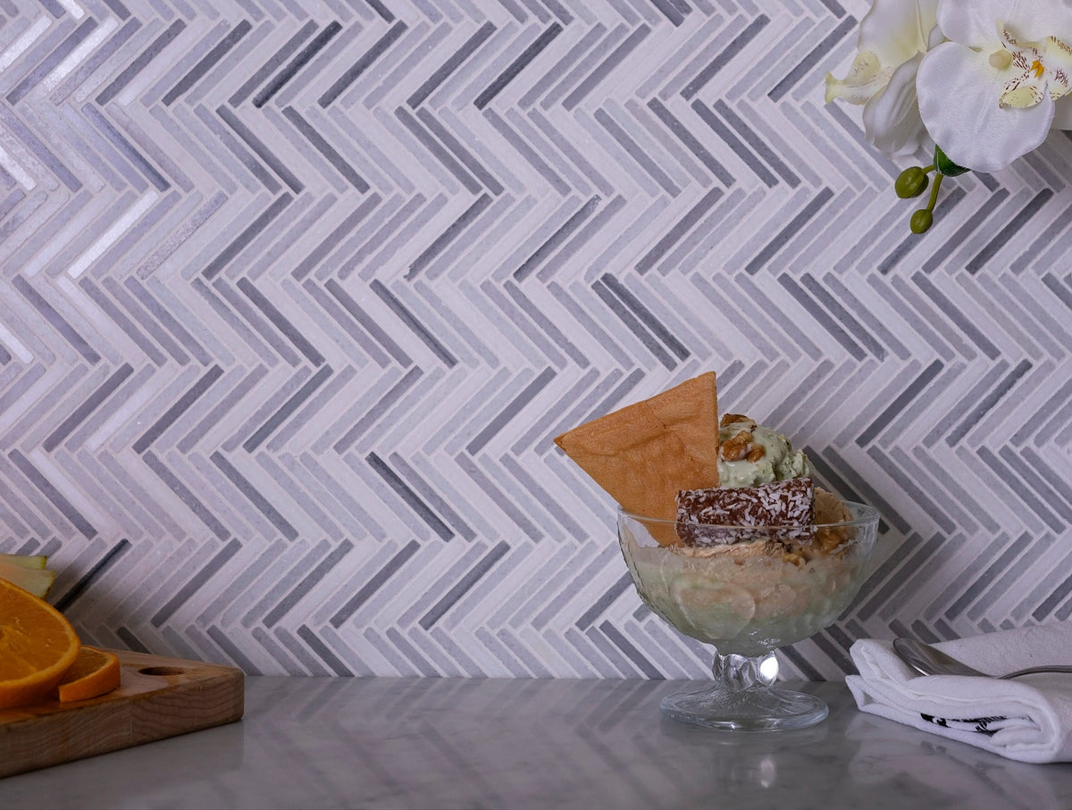 Apollo Tile (Sample) Zebra White, Gray 11-in x 11-in Polished Marble Herringbone Patterned Floor and Wall Tile