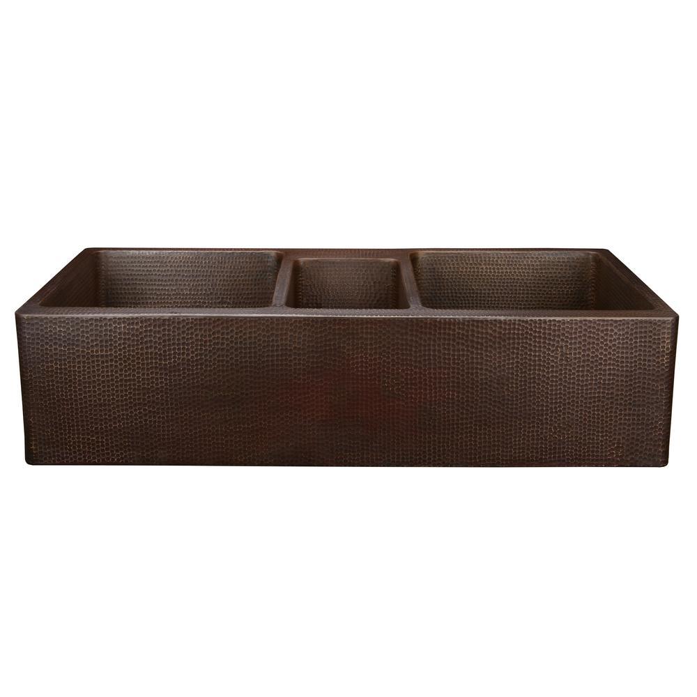 All-in-One Copper 42 in. Triple Bowl Kitchen Farmhouse Apron Front Sink with Faucet in ORB - Super Arbor