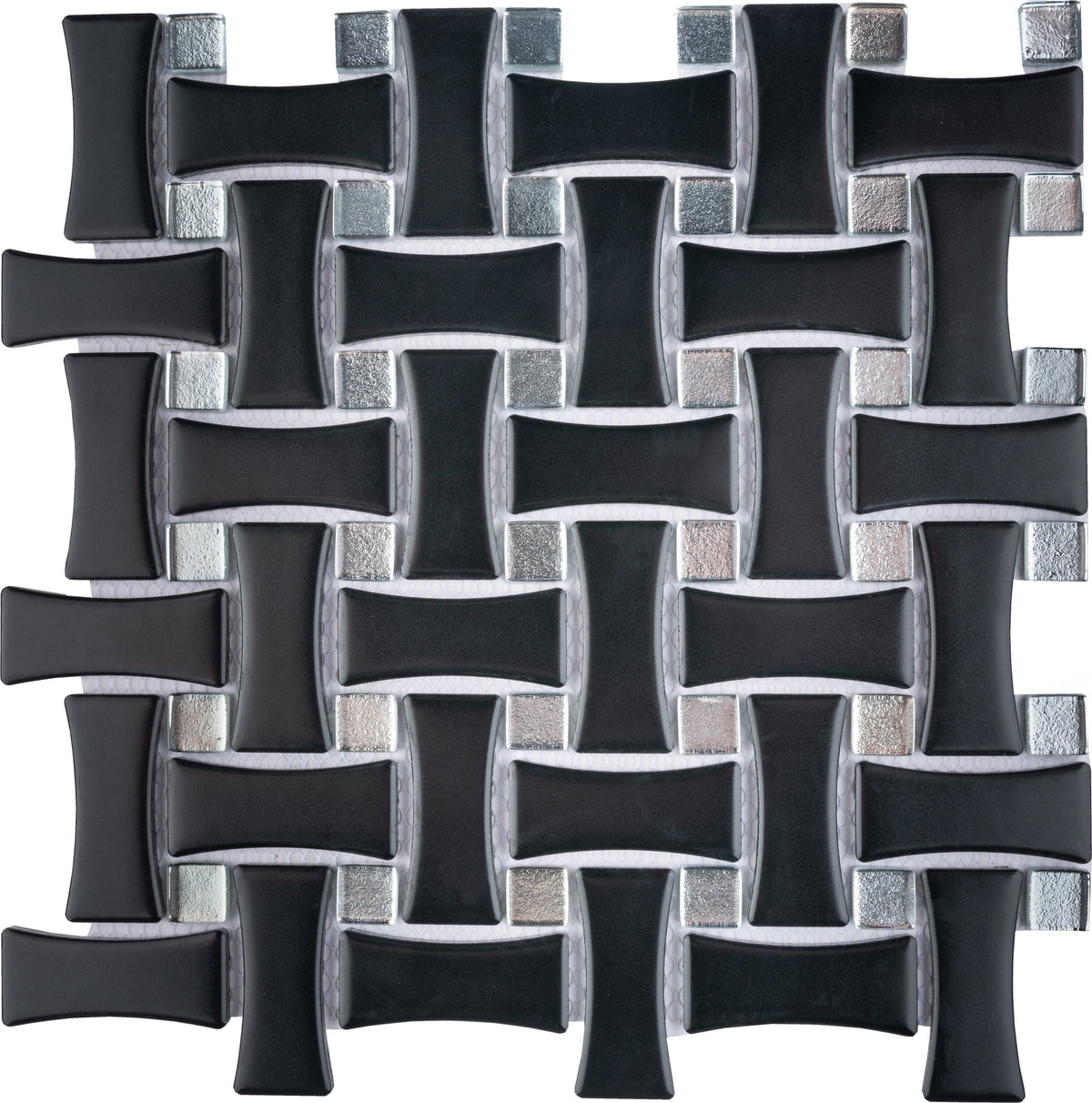 Affinity Tile Metro Dog Bone Basketweave Matte Black with Glass Silver Dot 10-in x 10-in Multi-finish Porcelain Mosaic Wall Tile product image