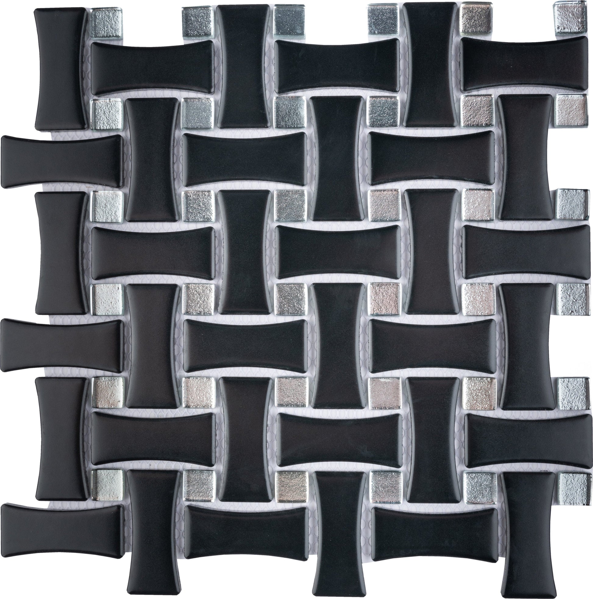 Affinity Tile Metro Dog Bone Basketweave Matte Black with Glass Silver Dot 10-in x 10-in Multi-finish Porcelain Mosaic Wall Tile product image