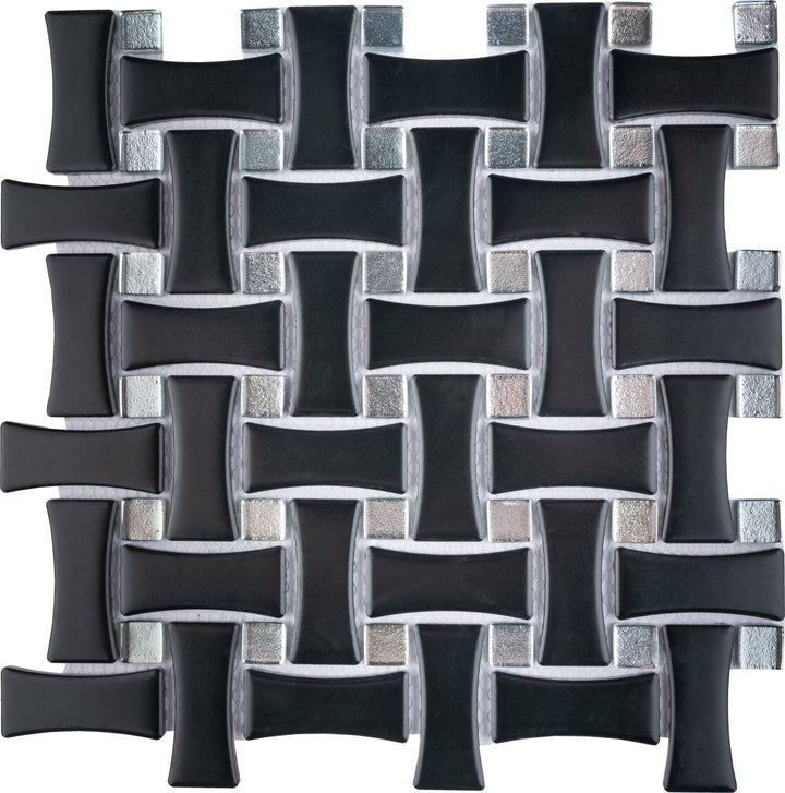 Affinity Tile Metro Dog Bone Basketweave Matte Black with Glass Silver Dot 10-in x 10-in Multi-finish Porcelain Mosaic Wall Tile product image