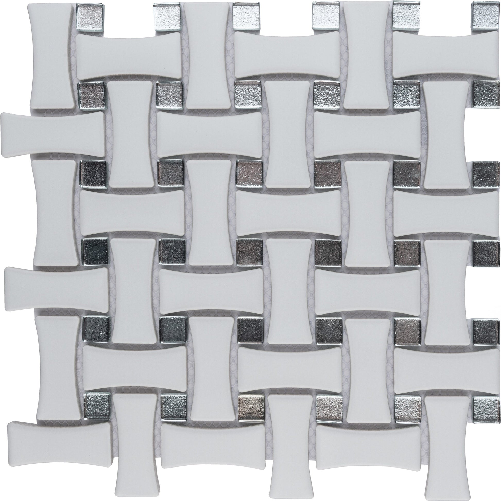 Affinity Tile Metro Dog Bone Basketweave Matte White with Glass Silver Dot 10-in x 10-in Multi-finish Porcelain Mosaic Wall Tile product image