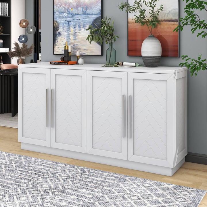Yiekholo Contemporary White Wood Console Table with 4 Doors and Adjustable Shelves - Retro Style Buffet Cabinet