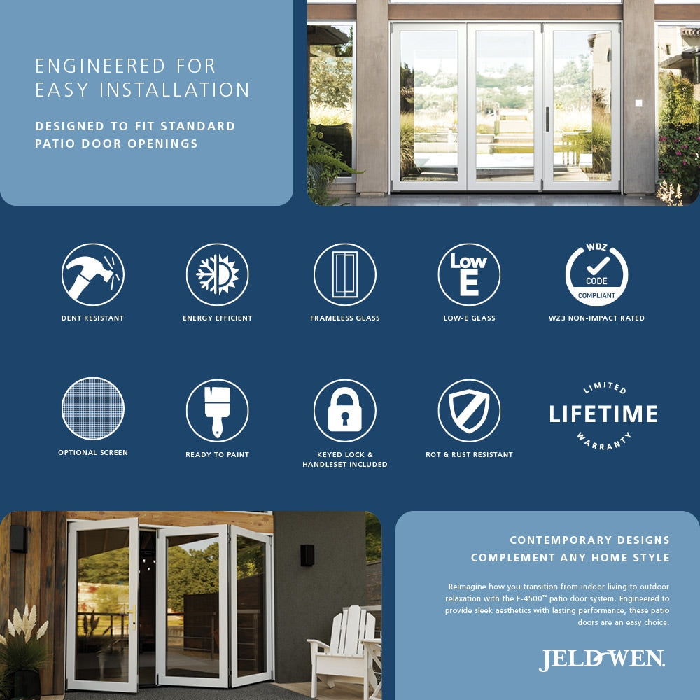 JELD-WEN F-4500 108-in x 80-in x 5-5/8-in Jamb Primed Fiberglass 3-Panel Left-Hand Folding Patio Door with Low-E Tempered Glass