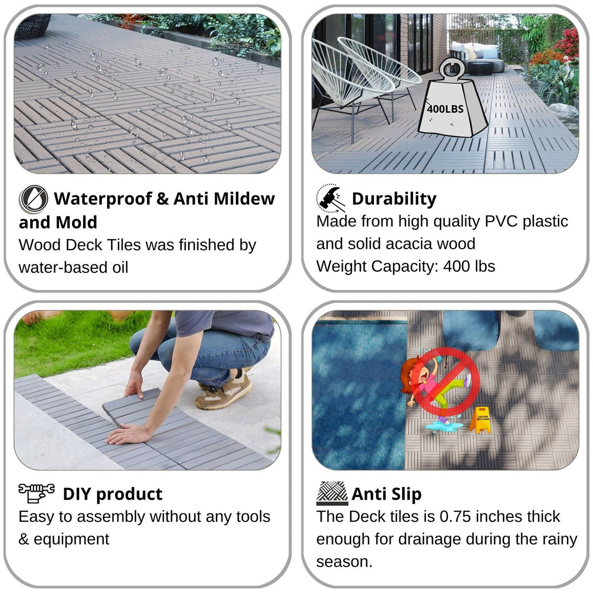 Bybafun 12-in x 12-in 20-Pack Gray Pattern2 Prefinished Wood Deck Tile