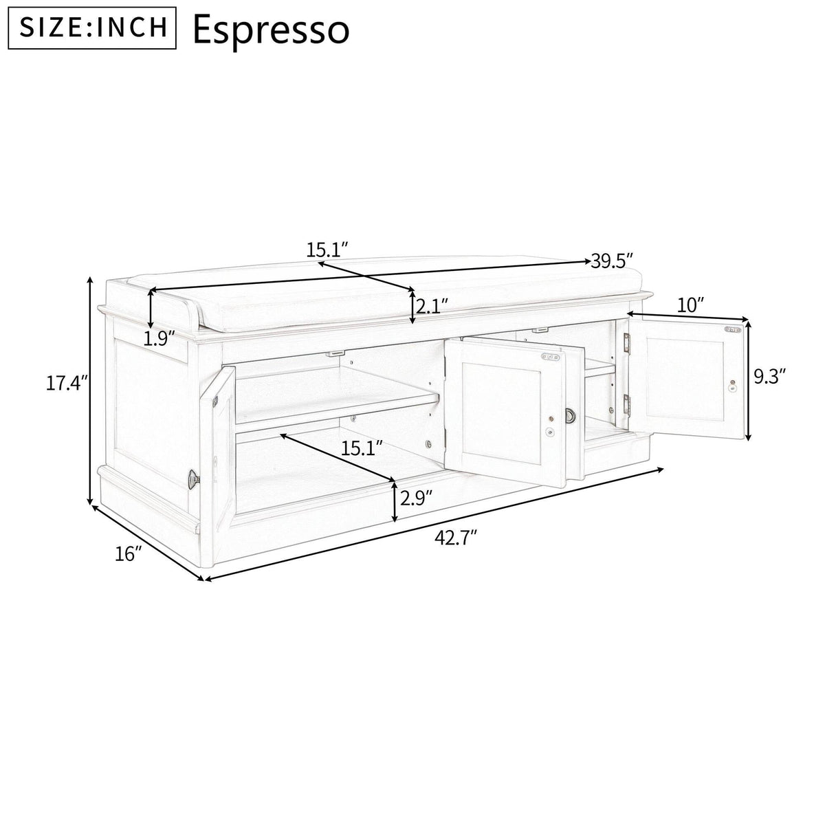 Yiekholo Casual Espresso Accent Bench with Storage Bench 42.7-in x 16-in x 17.4-in