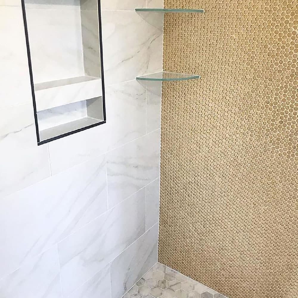 Apollo Tile Gold 12-in x 12-in Glossy Glass Penny Round Stone Look Wall Tile (10.34-sq. ft/ Carton)
