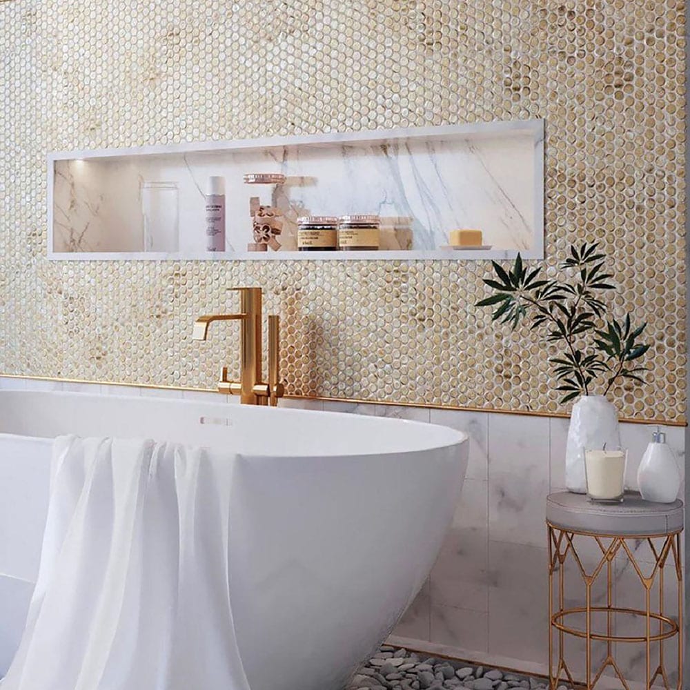 Apollo Tile Gold 12-in x 12-in Glossy Glass Penny Round Stone Look Wall Tile (10.34-sq. ft/ Carton)