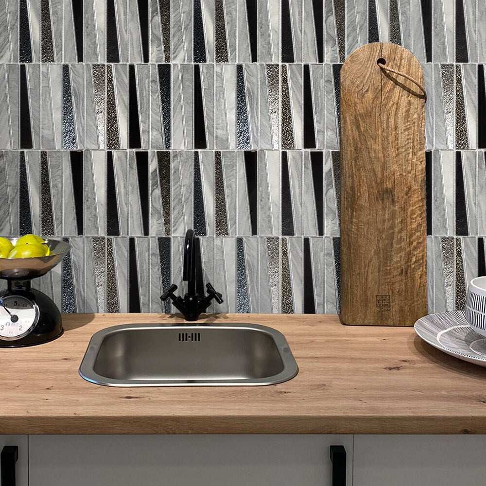 Apollo Tile Metropolis Blue and Gray 12-in x 12-in Polished Glass, Stone Quartz Linear Patterned Wall Tile (4.83-sq. ft/ Carton)