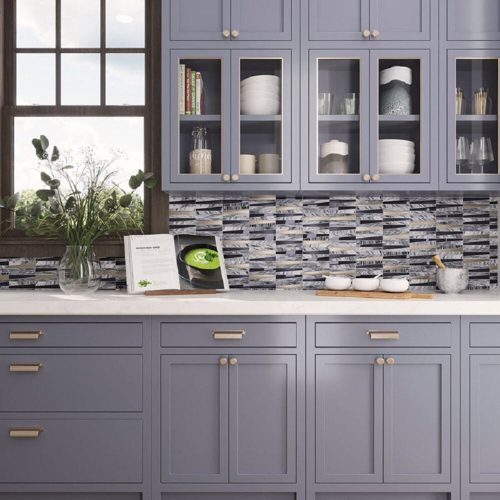 Apollo Tile Metropolis Blue and Gray 12-in x 12-in Polished Glass, Stone Quartz Linear Patterned Wall Tile (4.83-sq. ft/ Carton)