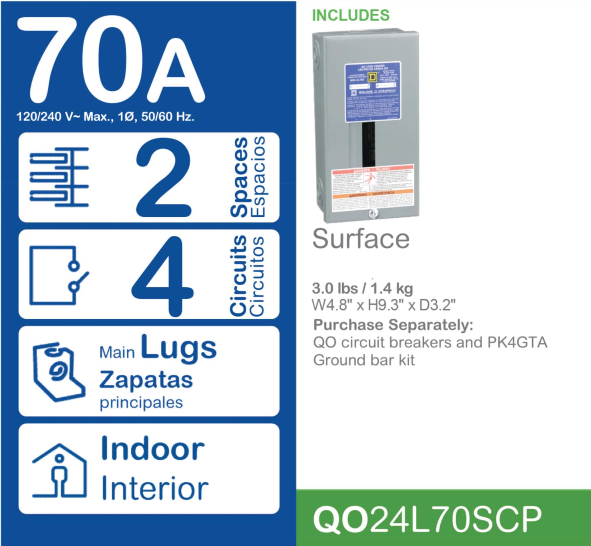 Square D QO 70-Amp 2-space load center - interior view