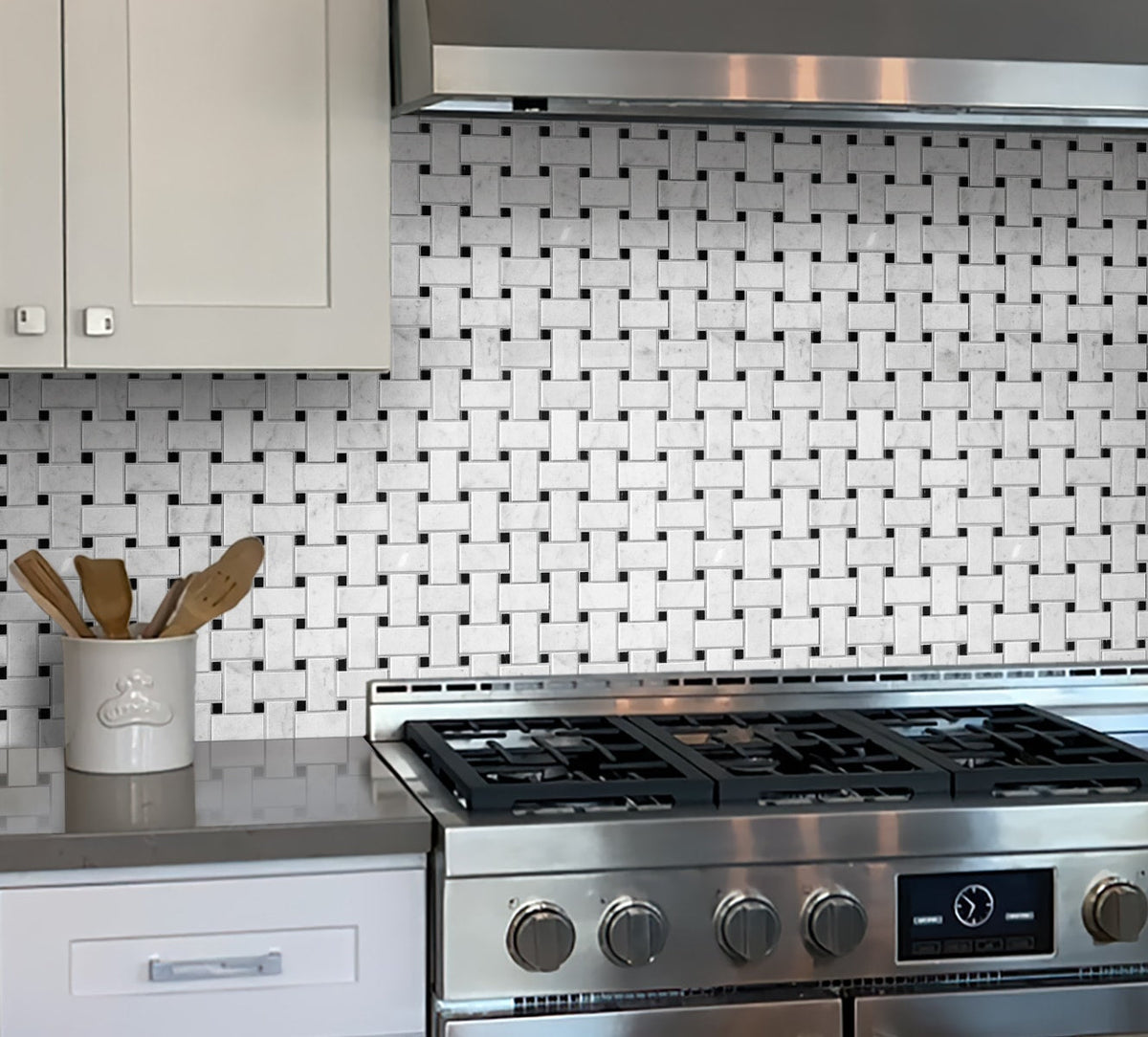 Apollo Tile White, Black 12-in x 12-in Polished Natural Stone Marble Basketweave Wall Tile (5-sq. ft/ Carton)