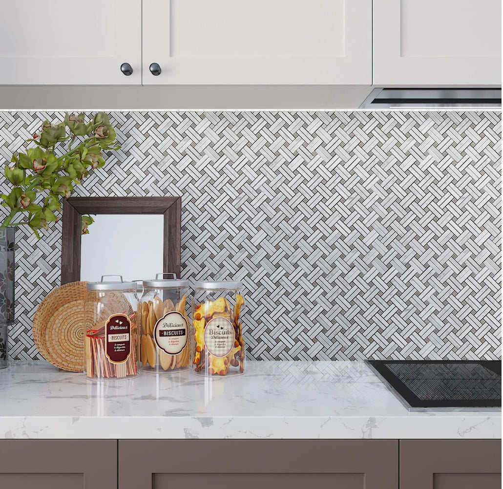 Apollo Tile White, Beige 11-in x 11-in Polished Natural Stone Marble Basketweave Marble Look Floor and Wall Tile (4.47-sq. ft/ Carton)