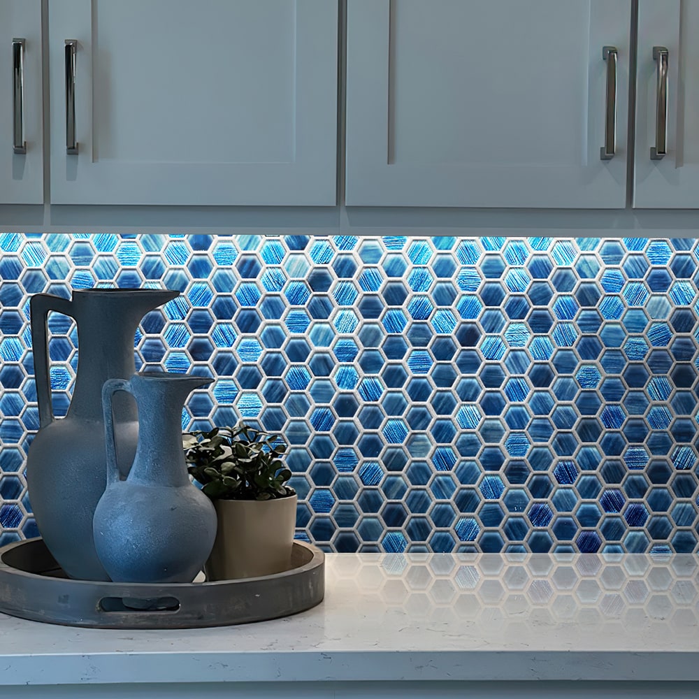 Apollo Tile Nirvana Blue 12-in x 12-in Multi-finish Glass Hexagon Patterned Floor and Wall Tile (4.43-sq. ft/ Carton)