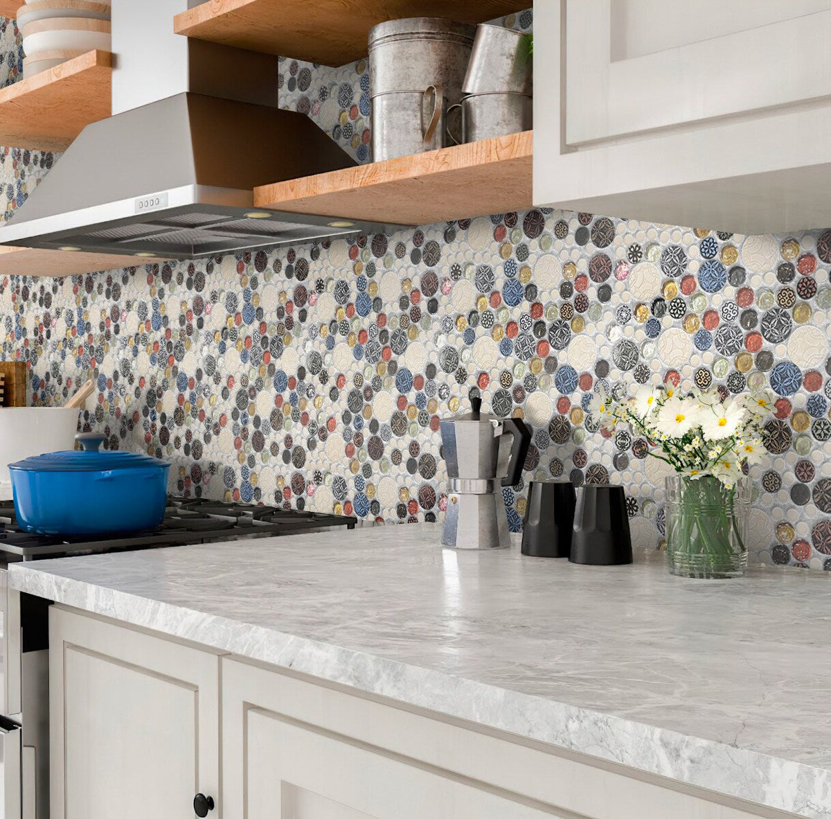Apollo Tile Beige, Brown, Yellow 12-in x 12-in Polished Glass Penny Round Patterned Wall Tile (5-sq. ft/ Carton)