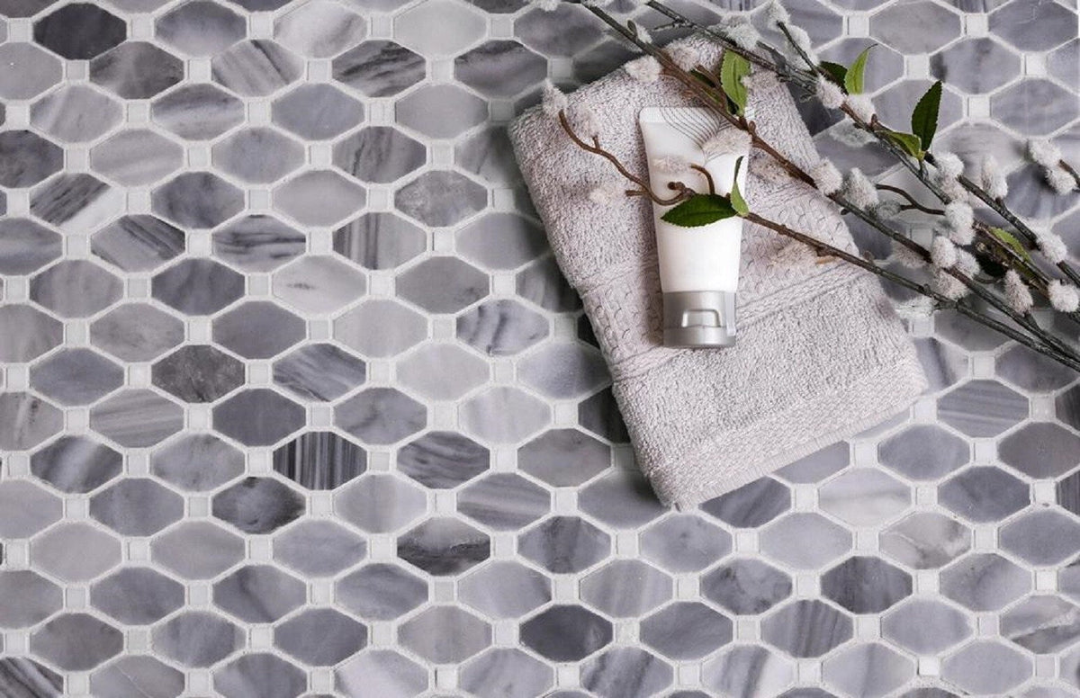 Apollo Tile Indigo Gray and White 12-in x 12-in Polished Natural Stone Marble Octagon Dot Patterned Floor and Wall Tile (5.08-sq. ft/ Carton)