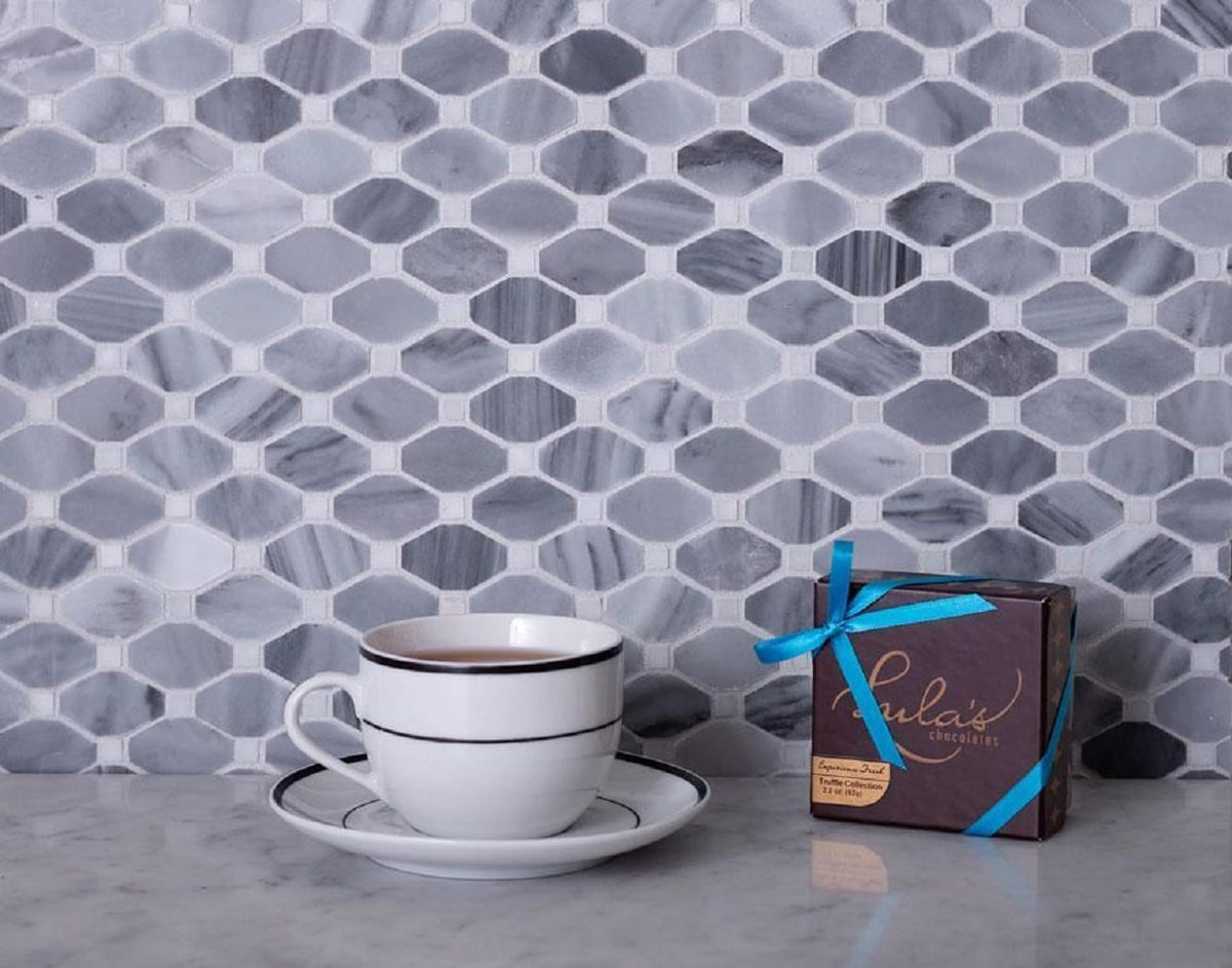 Apollo Tile Indigo Gray and White 12-in x 12-in Polished Natural Stone Marble Octagon Dot Patterned Floor and Wall Tile (5.08-sq. ft/ Carton)