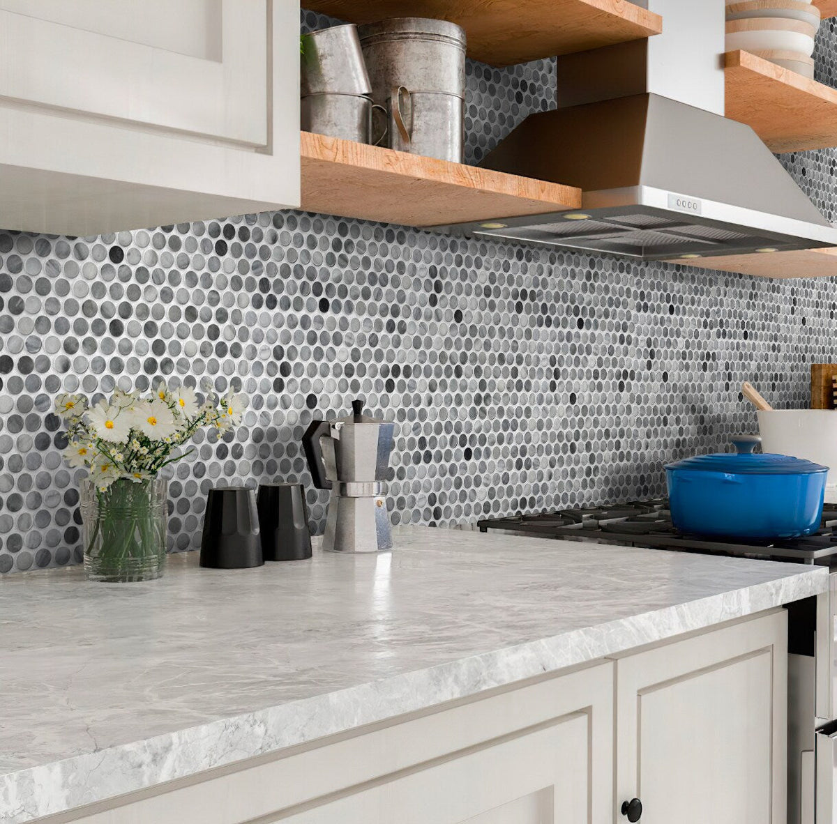 Apollo Tile Indigo Gray 11-in x 12-in Polished Natural Stone Marble Penny Round Patterned Floor and Wall Tile (4.82-sq. ft/ Carton)