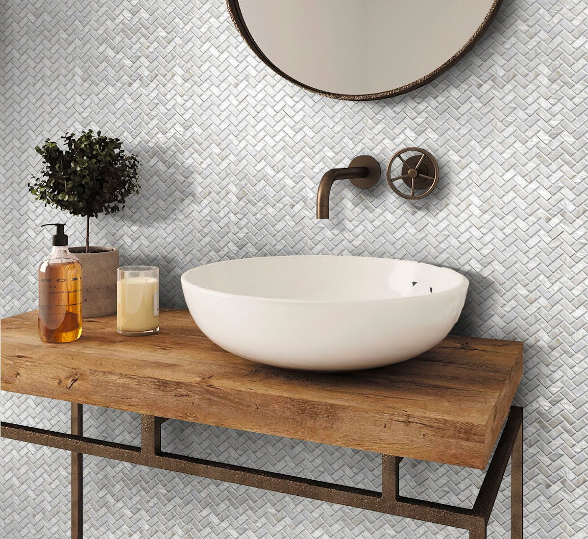 Apollo Tile Jewelicious Pearl White Natural Shell 11-in x 11-in Polished Natural Shell Herringbone Patterned Wall Tile (16.49-sq. ft/ Carton)