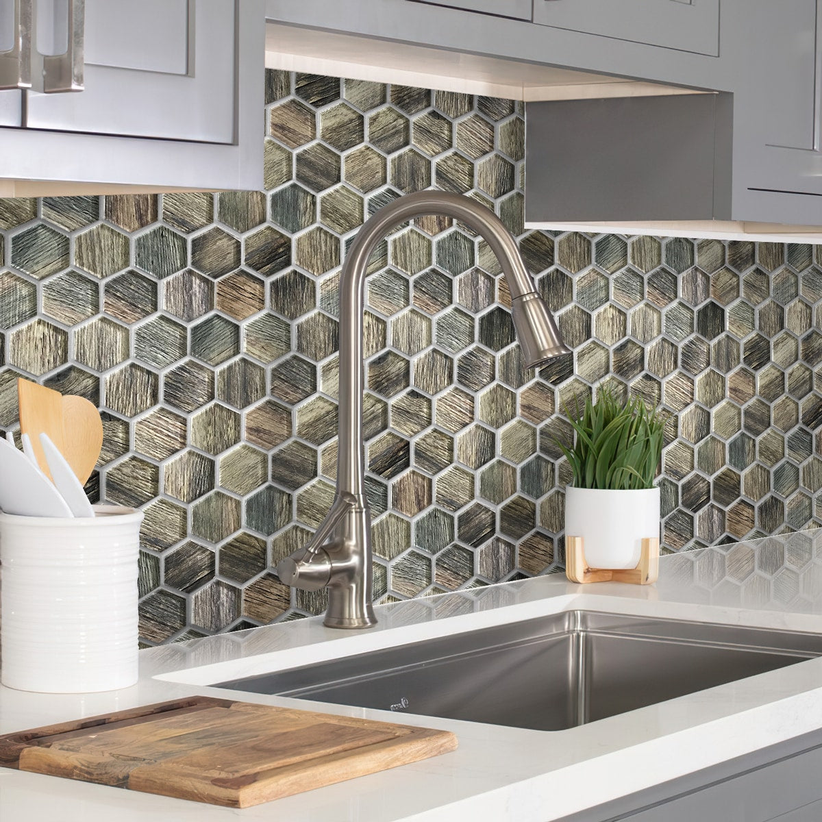 Apollo Tile Brown, Blue 12-in x 12-in Glossy Glass Honeycomb Wood Look Wall Tile (4.83-sq. ft/ Carton)