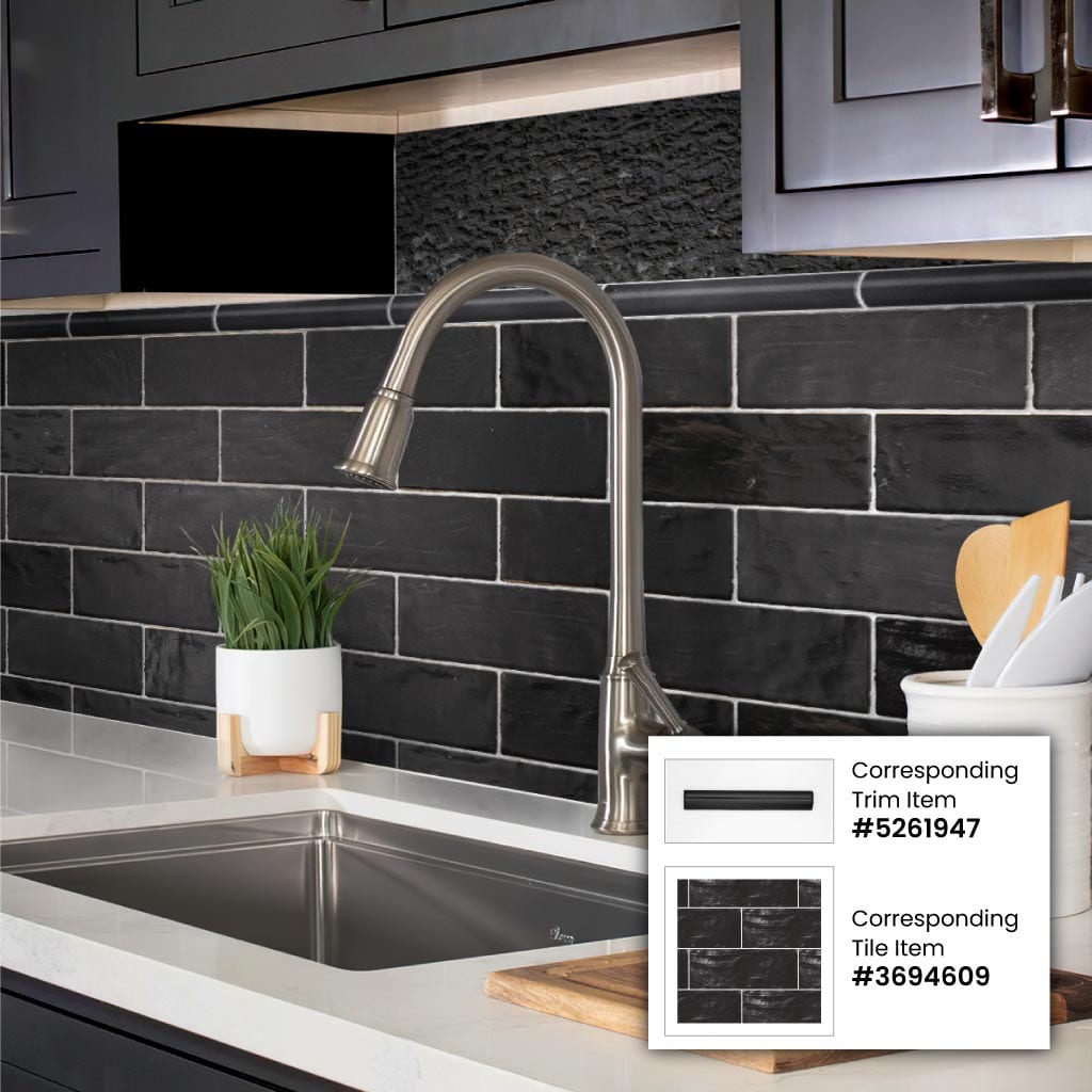 Apollo Tile 10-Pack Black 1/2-in x 8-in Ceramic Bullnose Tile (0.667-sq. ft/ Carton)