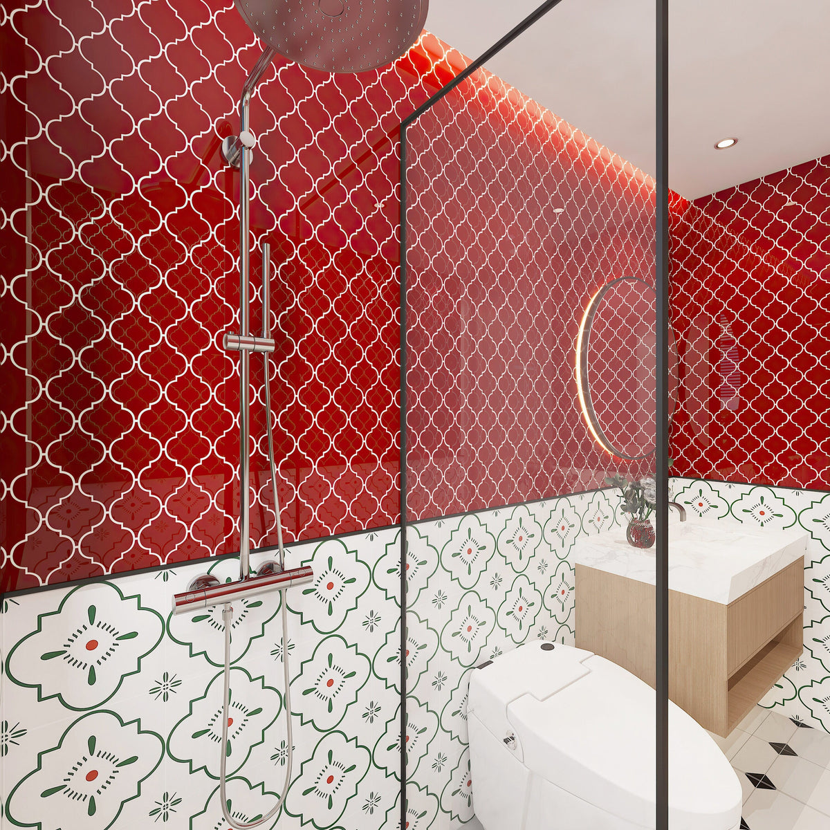 Giorbello (Sample) Glass Arabesque Tiles Ruby Red 4-in x 6-in Glossy Glass Lantern Subway Wall Tile