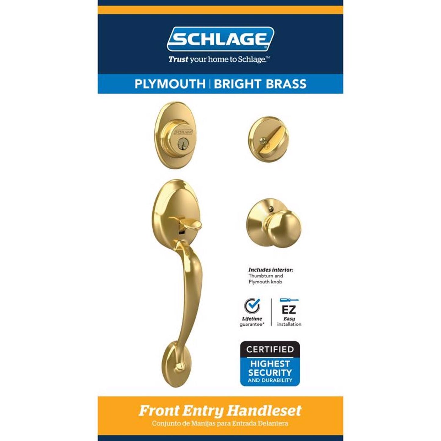 Schlage Plymouth Bright Brass Front Entry Handleset, ANSI Grade 2, Fits 1-3/8 to 1-3/4 in Doors