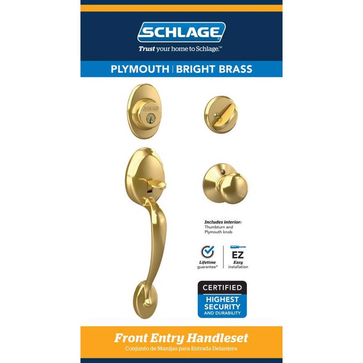 Schlage Plymouth Bright Brass Front Entry Handleset, ANSI Grade 2, Fits 1-3/8 to 1-3/4 in Doors