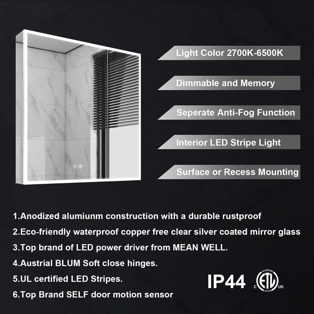 WELLFOR ELIN 30-in x 30-in Lighted LED Fog Free Surface/Recessed Mount Silver Mirrored Soft Close Medicine Cabinet with Outlet