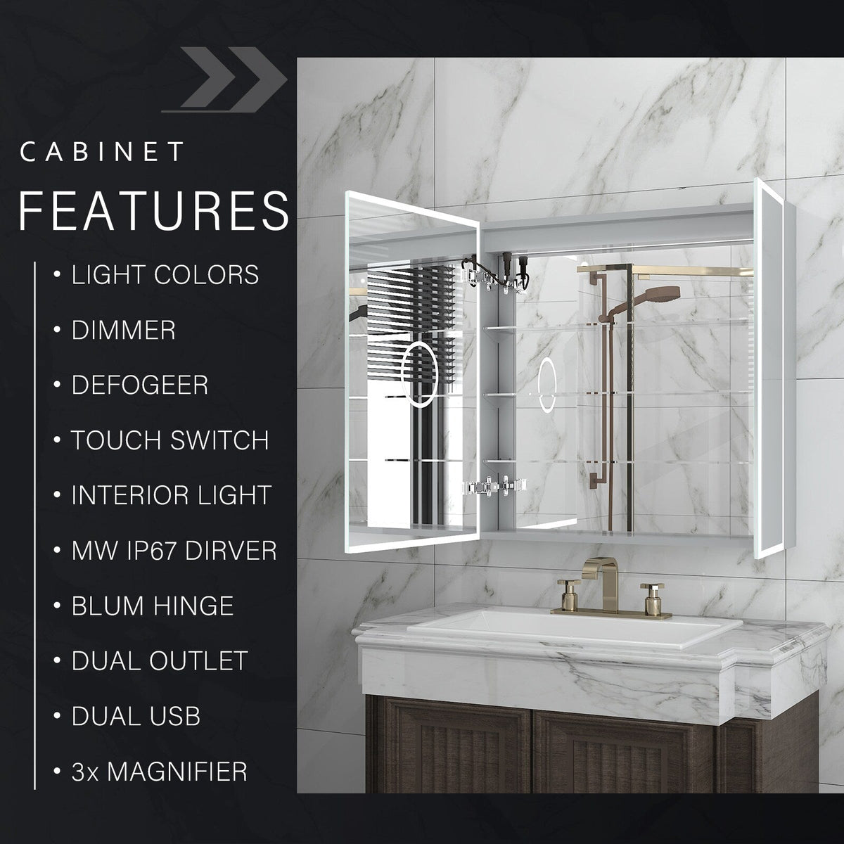 WELLFOR ELIN 30-in x 30-in Lighted LED Fog Free Surface/Recessed Mount Silver Mirrored Soft Close Medicine Cabinet with Outlet