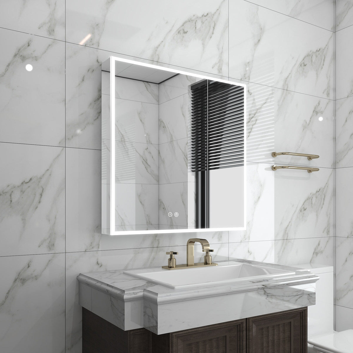 WELLFOR ELIN 30-in x 30-in Lighted LED Fog Free Surface/Recessed Mount Silver Mirrored Soft Close Medicine Cabinet with Outlet
