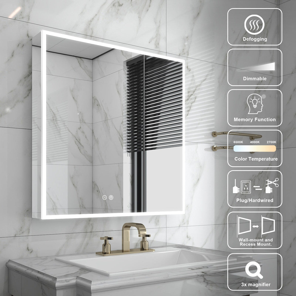 WELLFOR ELIN 30-in x 30-in Lighted LED Fog Free Surface/Recessed Mount Silver Mirrored Soft Close Medicine Cabinet with Outlet