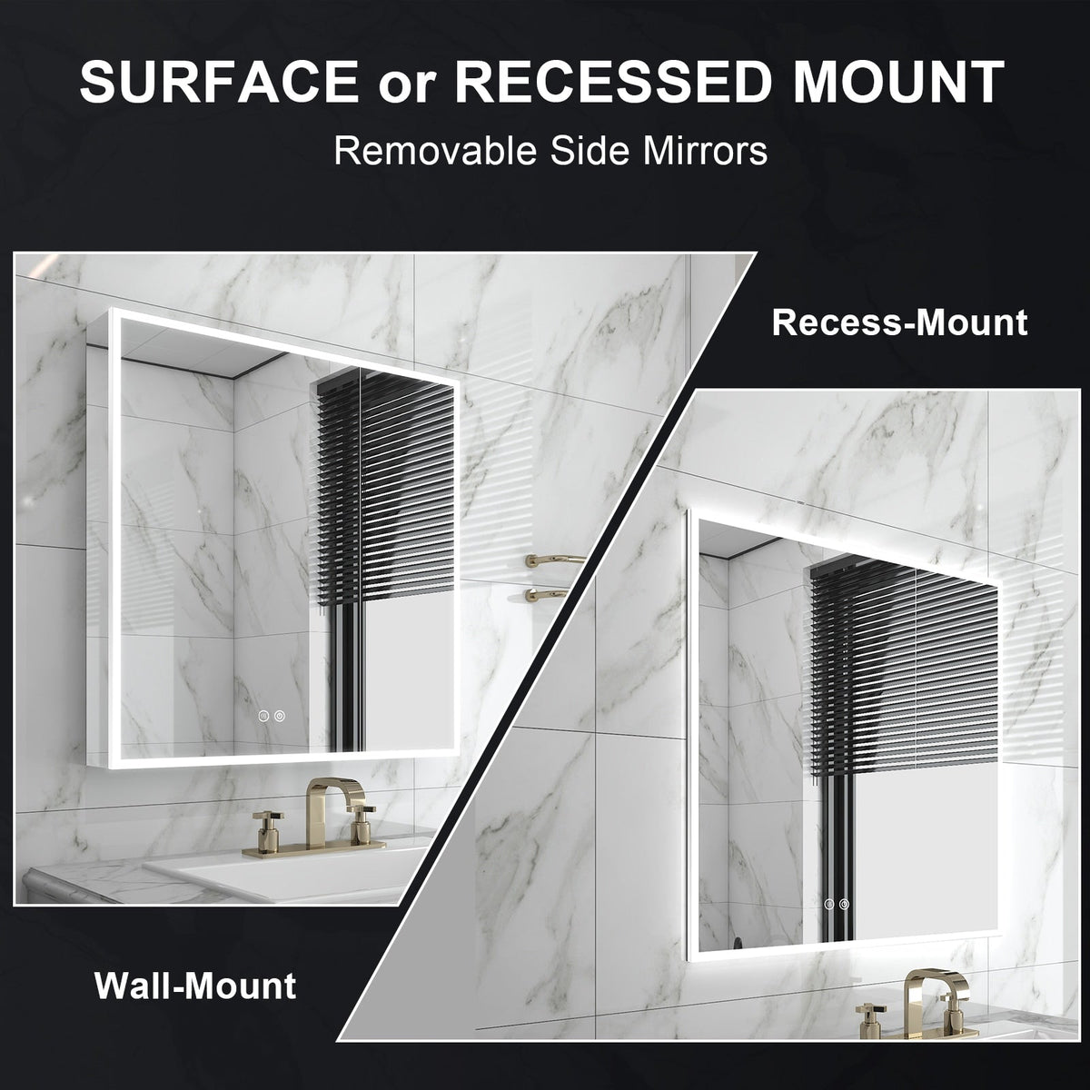 WELLFOR ELIN 30-in x 30-in Lighted LED Fog Free Surface/Recessed Mount Silver Mirrored Soft Close Medicine Cabinet with Outlet