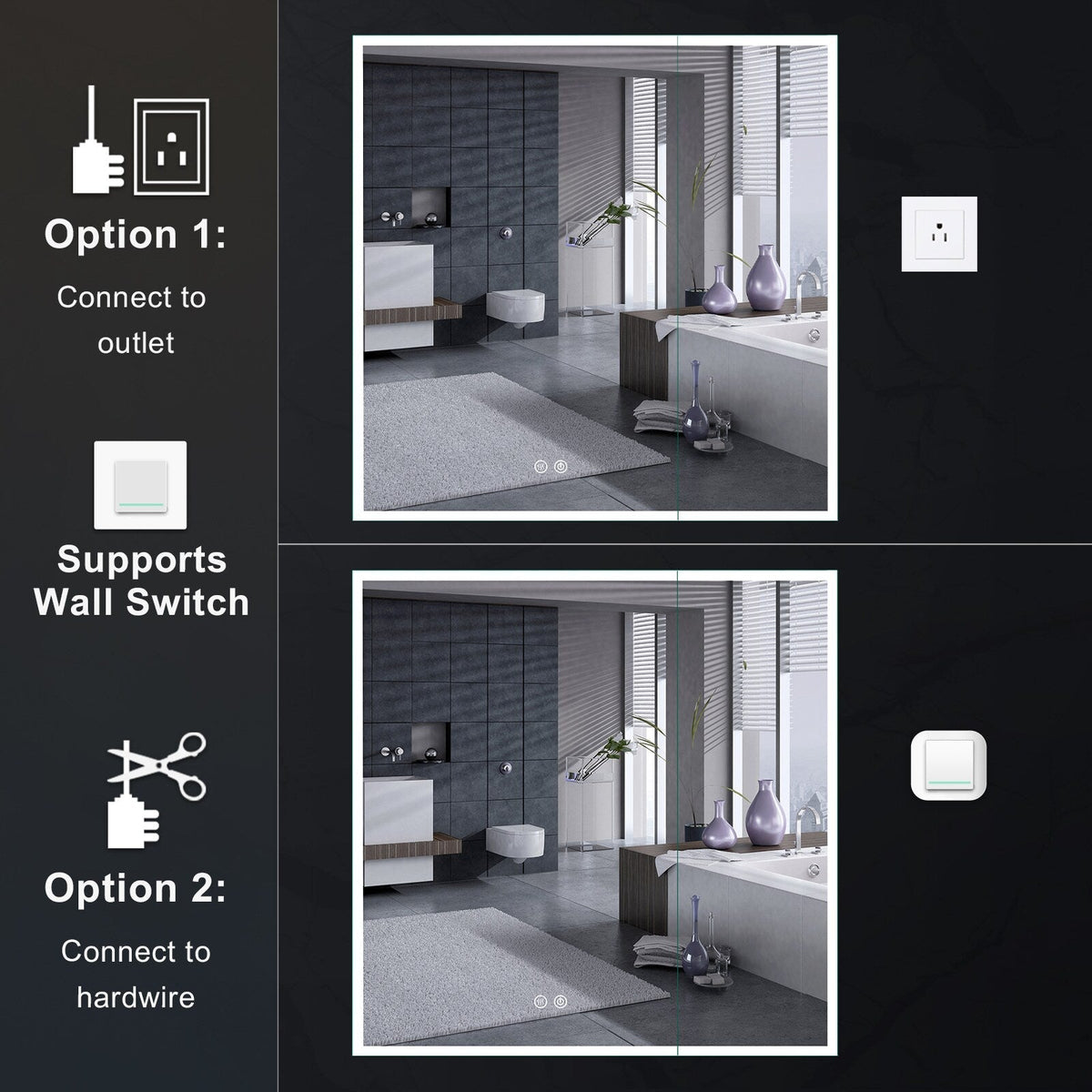 WELLFOR ELIN 30-in x 30-in Lighted LED Fog Free Surface/Recessed Mount Silver Mirrored Soft Close Medicine Cabinet with Outlet