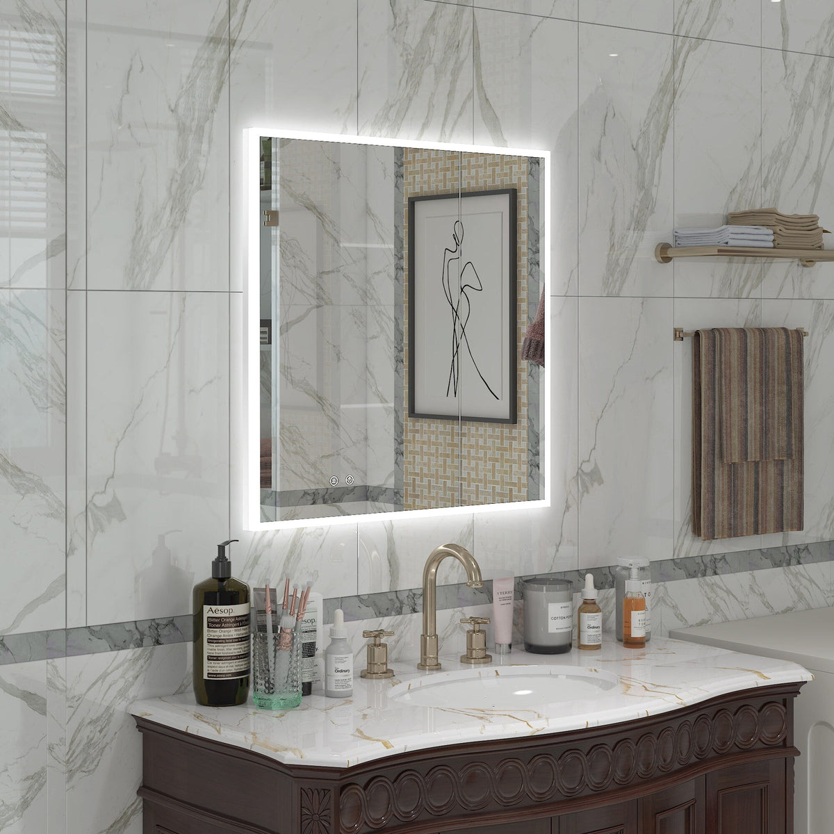 WELLFOR ELIN 36-in x 30-in Lighted LED Fog Free Surface/Recessed Mount Silver Mirrored Soft Close Medicine Cabinet with Outlet