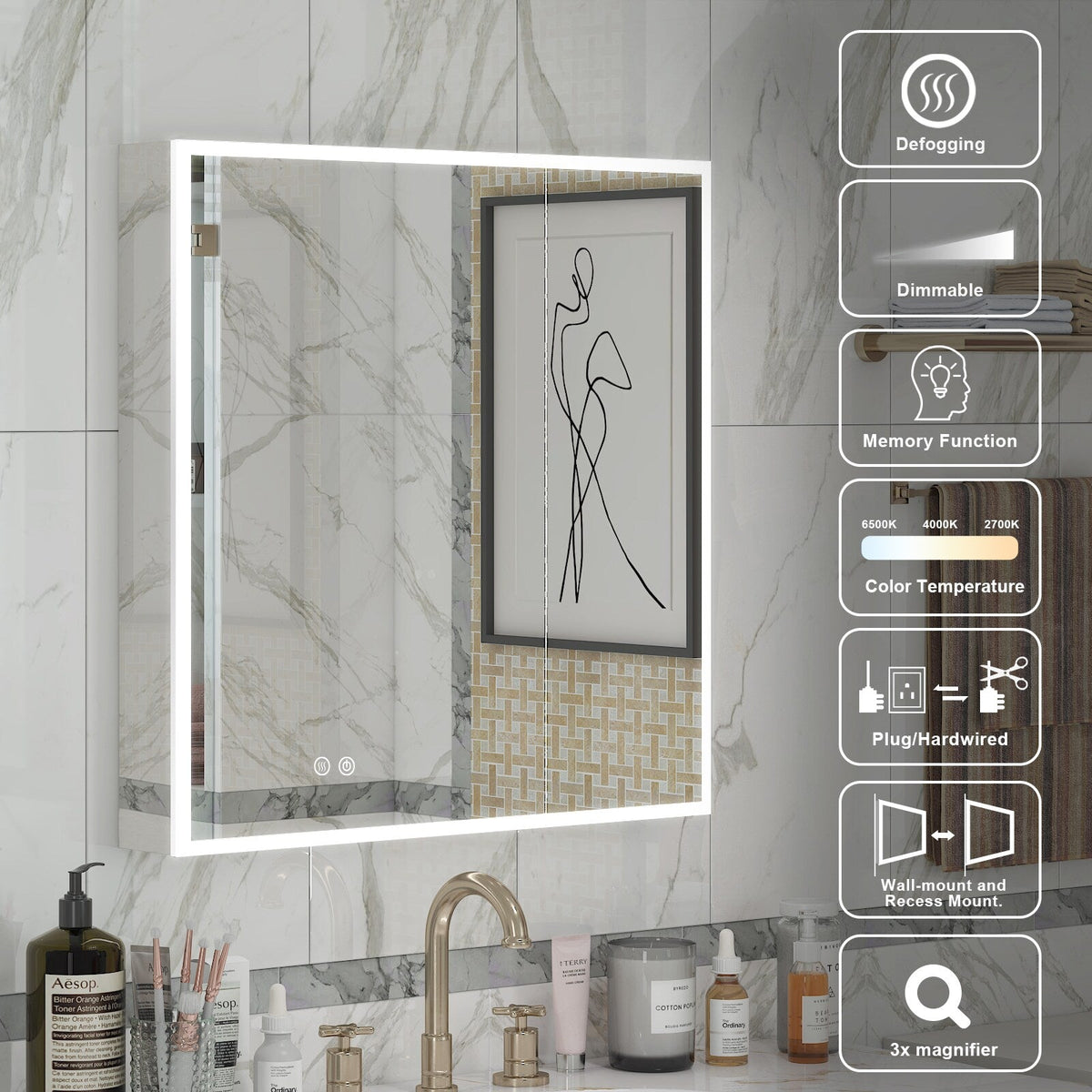 WELLFOR ELIN 36-in x 30-in Lighted LED Fog Free Surface/Recessed Mount Silver Mirrored Soft Close Medicine Cabinet with Outlet