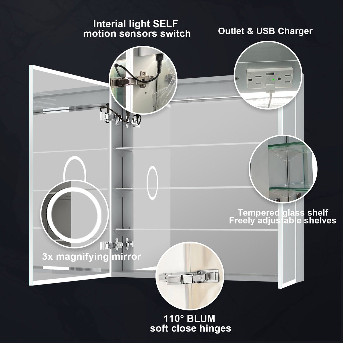 WELLFOR ELIN 36-in x 30-in Lighted LED Fog Free Surface/Recessed Mount Silver Mirrored Soft Close Medicine Cabinet with Outlet