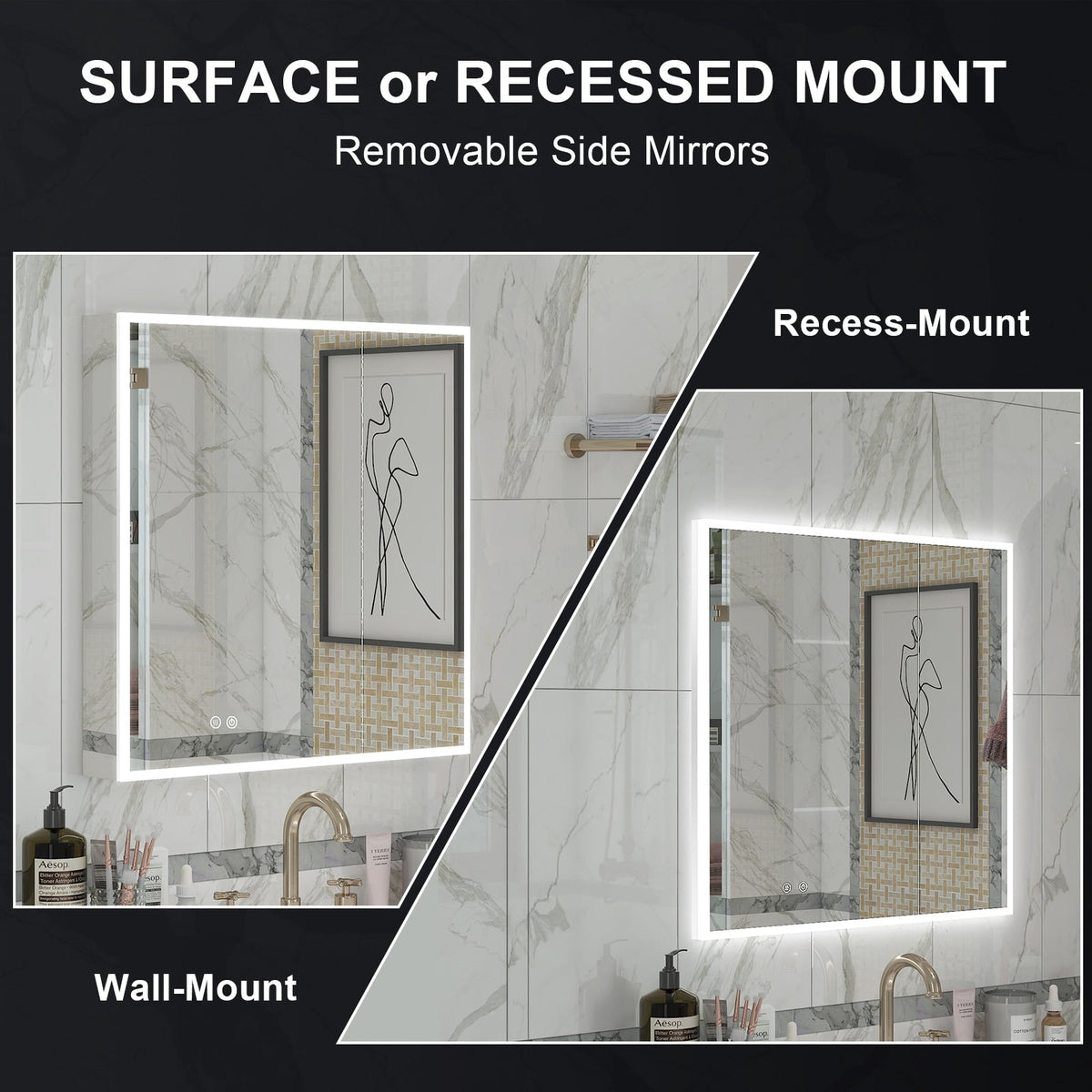 WELLFOR ELIN 36-in x 30-in Lighted LED Fog Free Surface/Recessed Mount Silver Mirrored Soft Close Medicine Cabinet with Outlet