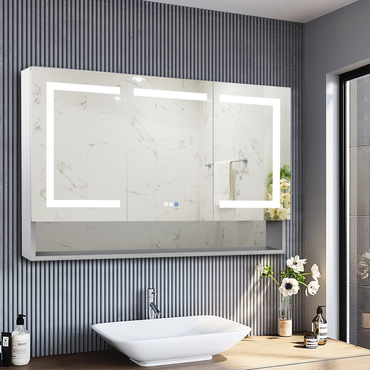 WELLFOR EX5 48-in x 32-in Lighted LED Fog Free Surface/Recessed Mount Silver Mirrored Soft Close Medicine Cabinet with Outlet