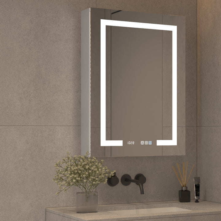 ExBrite 24-in x 32-in Lighted LED Fog Free Surface/Recessed Mount Silver Mirrored Soft Close Medicine Cabinet with Outlet